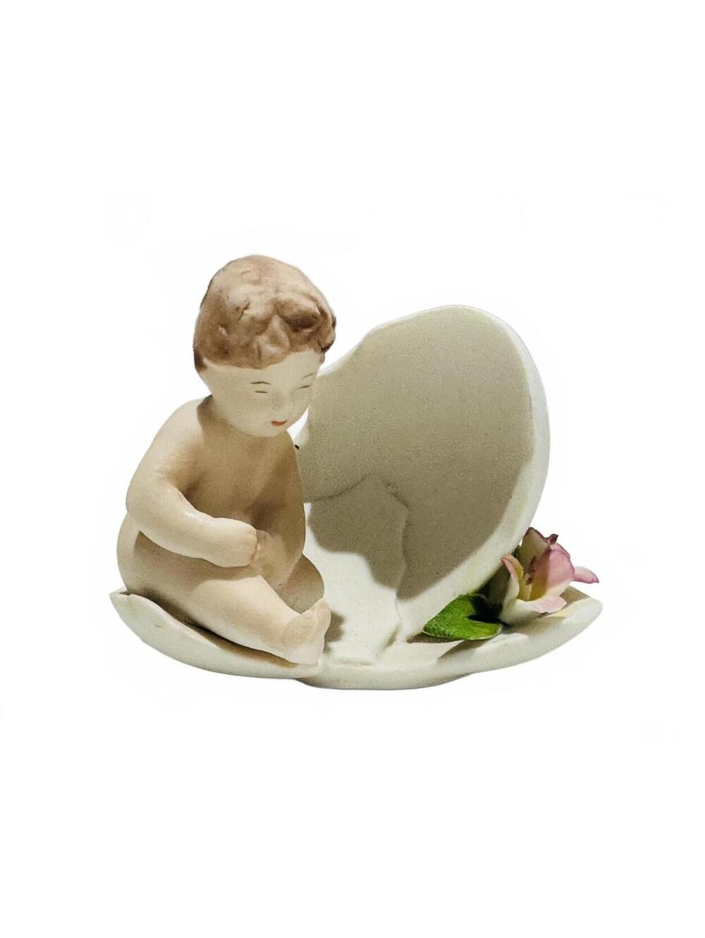 Vintage Capodimonte Porcelain Figurine Baby in Cracked Egg Shell Floral Detail